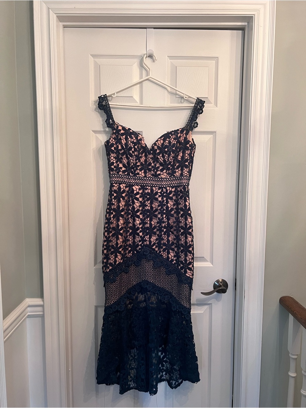 Navy Lace Overlay Midi Dress with Blush Lining